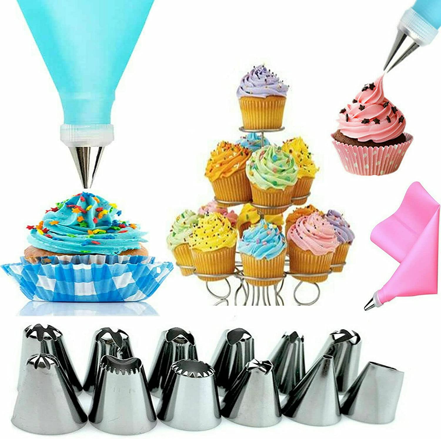 Ousuga 14 Pieces cake Piping Nozzle Set, Reusable Stainless Steel Russian  Nozzles and Silicone Icing Bag cream Piping Nozzle Pastry cre