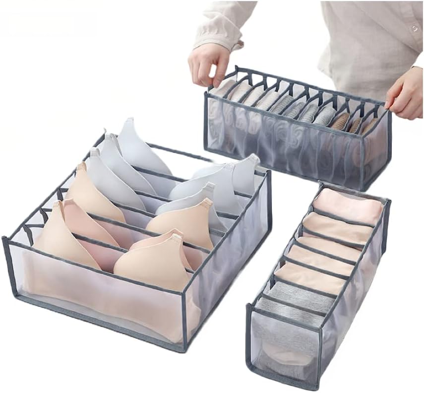 KOKSI Wardrobe Clothes Organiser, Closet Clothes Organisation and Storage Baskets, Mesh Drawer Boxes for Jeans, T-Shirts, Underwear, Socks (Pack of 3)