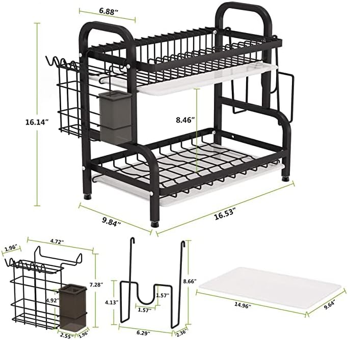 KOKSI Dish Drying Rack, 2-Tier Dish Drainer Storage with Drainboard for Knives, Dishes, Utensils, Glasses - Kitchen Countertop Organiser, Black