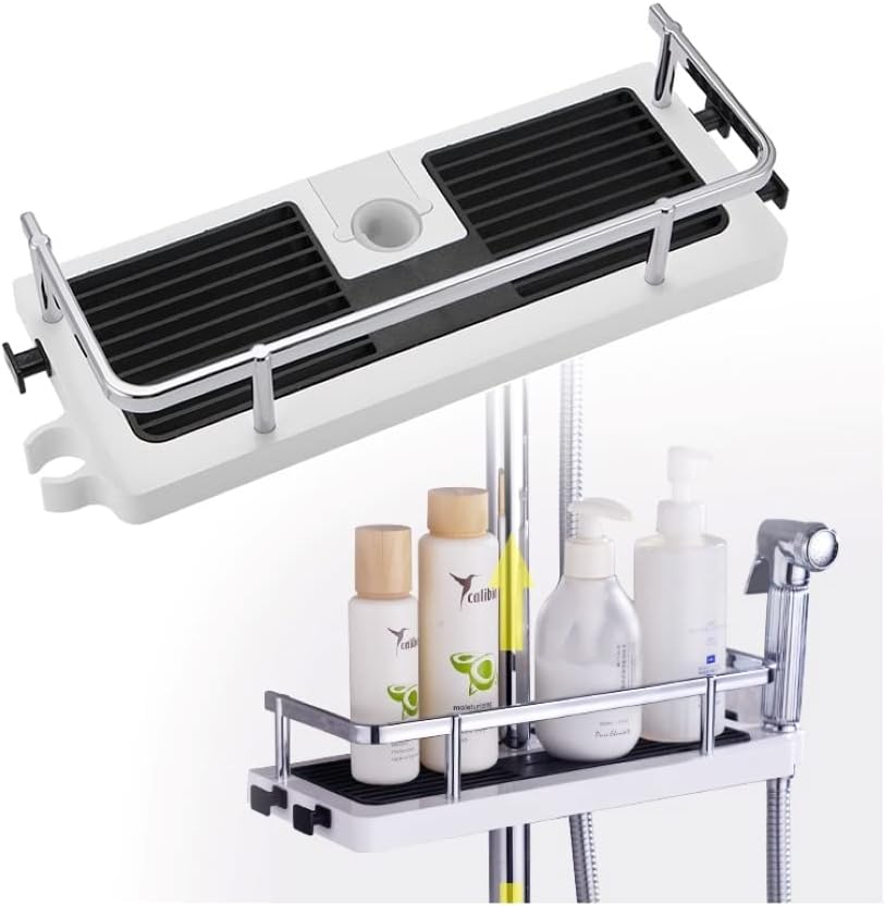 KOKSI Shower Organiser Shelf, Shampoo, Soap, Gel Holder Tray for Bathroom Organisation, Easy to Install Shower Products Caddy Sponge Rack with Hooks