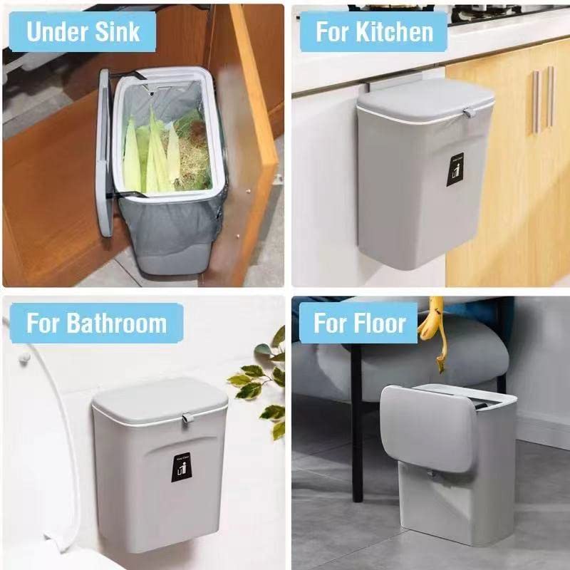 Koksi Cupboard Kitchen Door Bin with Lid, Hanging Trash Can, Compost Bin for Counter Top or Under Sink Garbage Basket