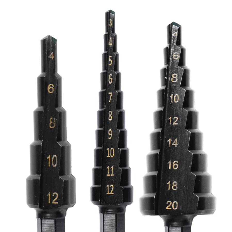 KOKSI Step Drill Bit Set 3 Pieces, Titanium Coated for Wood & Metal Hole Cutter - 3-12mm 4-12mm 4-20mm, Standard Drill Attachment, High Speed