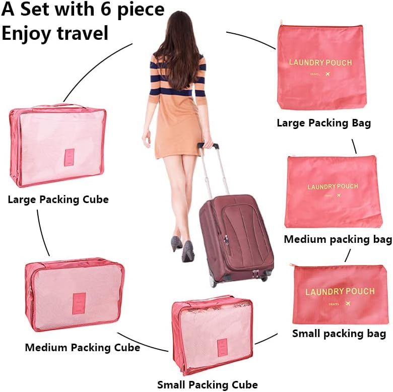 Packing Cubes Travel Storage Bag Set for Clothes, Laundry Pouch Suitcase Organiser for Luggage (Pack of 6)