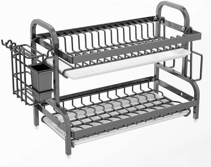 KOKSI Dish Drying Rack, 2-Tier Dish Drainer Storage with Drainboard for Knives, Dishes, Utensils, Glasses - Kitchen Countertop Organiser, Black