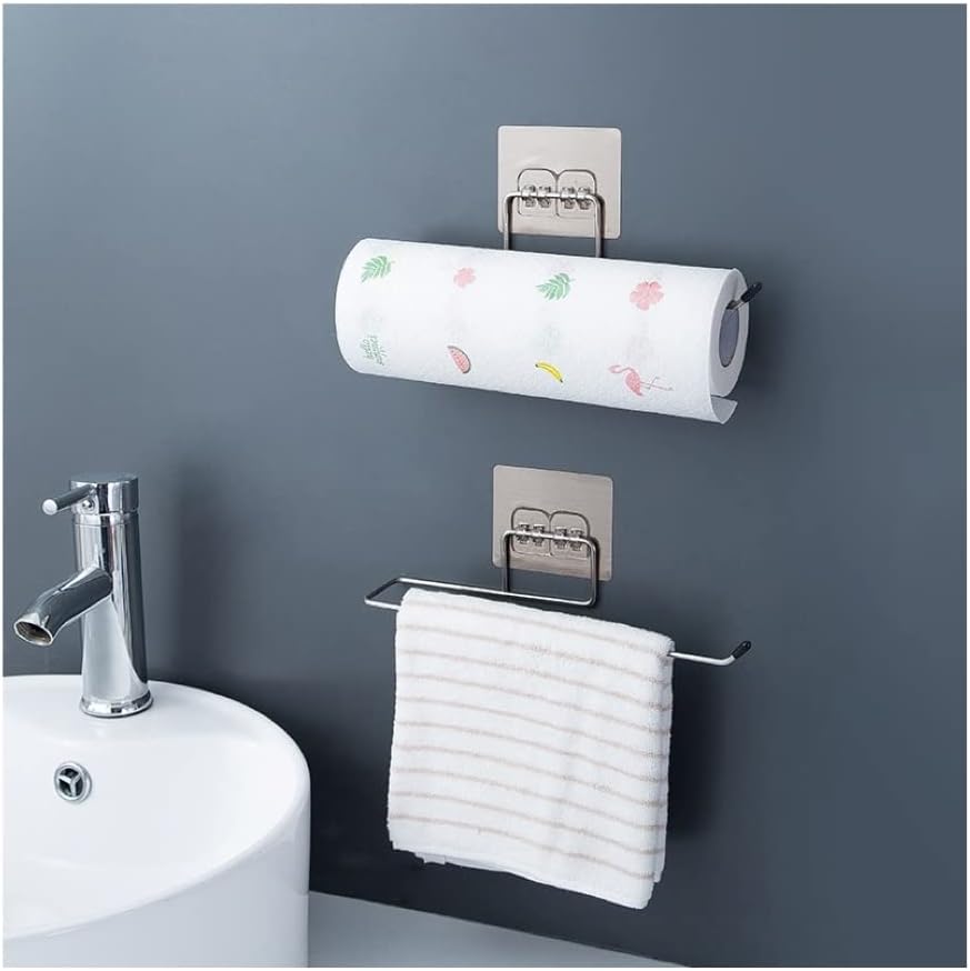 KOKSI Adhesive Paper Towel Holder, Stand for Towels Rolls Kitchen Bathroom, No Drill Waterproof Under Cabinet Stainless Steel