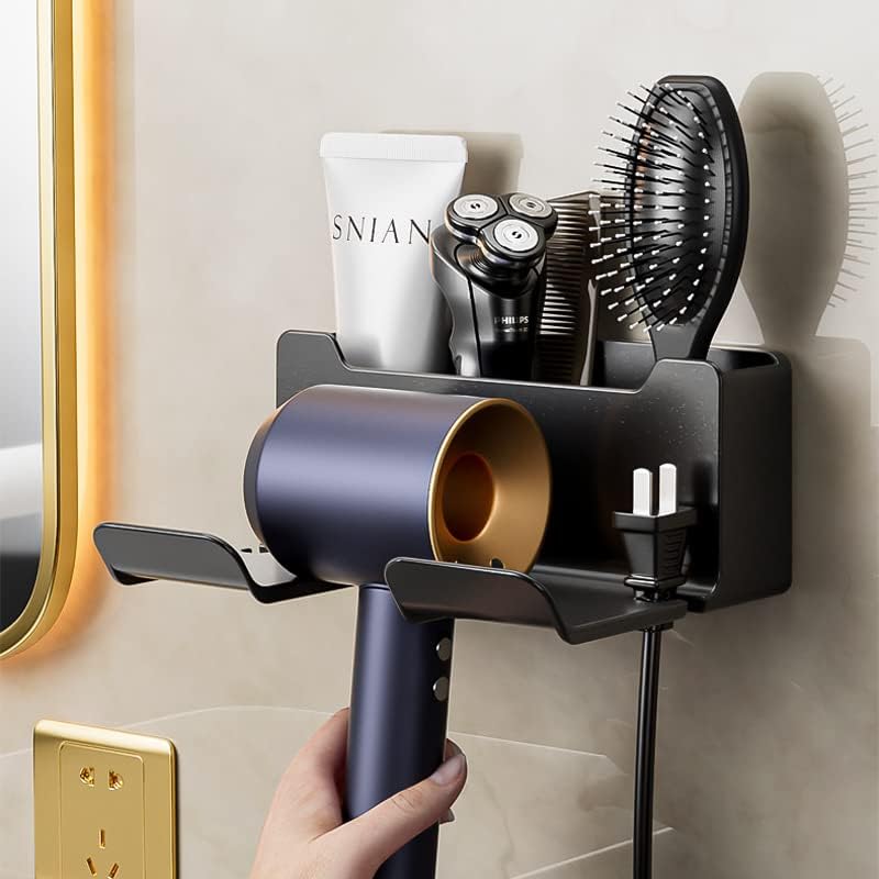 Koksi Hair Dryer Holder for Bathroom, Self Adhesive Wall Mounted Hair Tools Organiser - Hairdryer Bath Supplies Accessories Tray Stand Storage, Grey