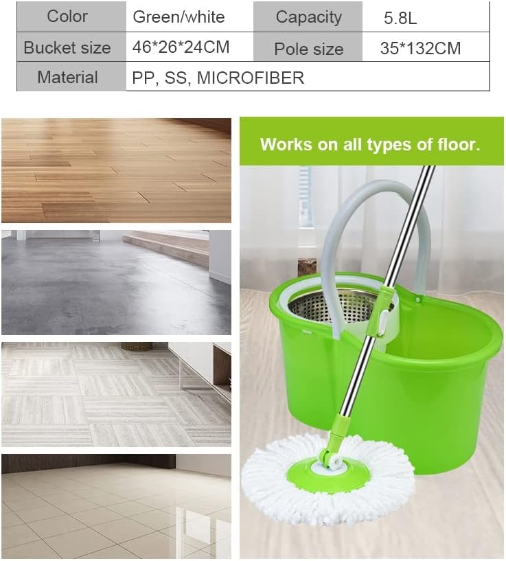 KOKSI Wring Spin Mop & Bucket Floor Cleaning Supplies Stainless Steel Wringer for Tiles, Laminate, Hardwood Floors Cleaner with 2 Microfiber Refills