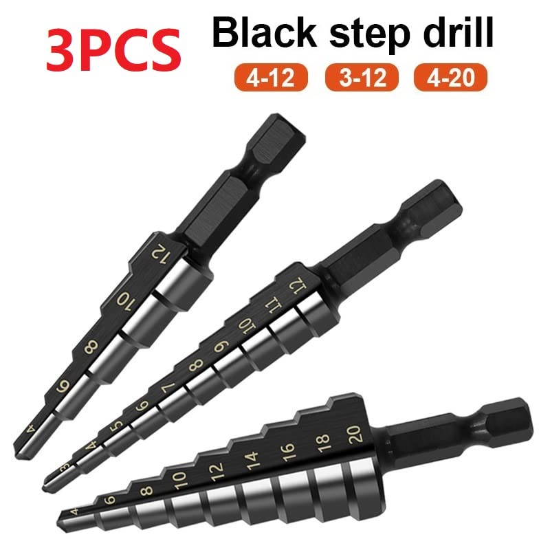 KOKSI Step Drill Bit Set 3 Pieces, Titanium Coated for Wood & Metal Hole Cutter - 3-12mm 4-12mm 4-20mm, Standard Drill Attachment, High Speed