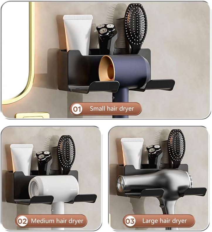 Koksi Hair Dryer Holder for Bathroom, Self Adhesive Wall Mounted Hair Tools Organiser - Hairdryer Bath Supplies Accessories Tray Stand Storage, Grey