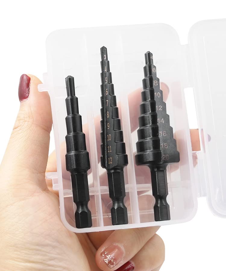 KOKSI Step Drill Bit Set 3 Pieces, Titanium Coated for Wood & Metal Hole Cutter - 3-12mm 4-12mm 4-20mm, Standard Drill Attachment, High Speed