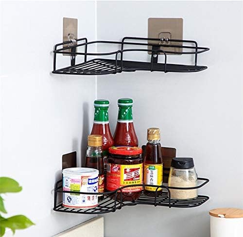 KOKSI Corner Shower Caddy, Stainless Steel Wall Mounted Bathroom Shelf with Adhesive Hooks, Storage Organiser for Toilet, Dorm, Kitchen, Black