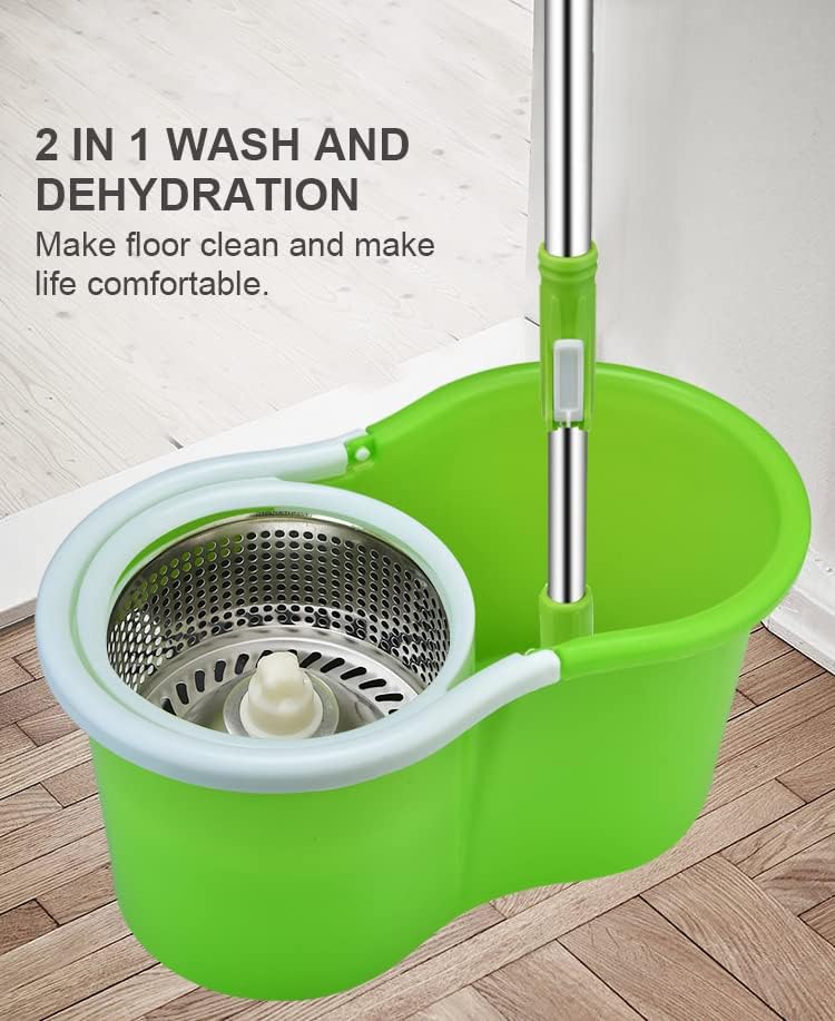 KOKSI Wring Spin Mop & Bucket Floor Cleaning Supplies Stainless Steel Wringer for Tiles, Laminate, Hardwood Floors Cleaner with 2 Microfiber Refills