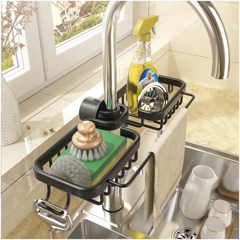 Koksi Sink Caddy Organiser, Kitchen Sink Sponge Holder Aluminum Faucet Rack Tidy Container for Bathroom, Shower, Shelf Basket, Countertop, Black