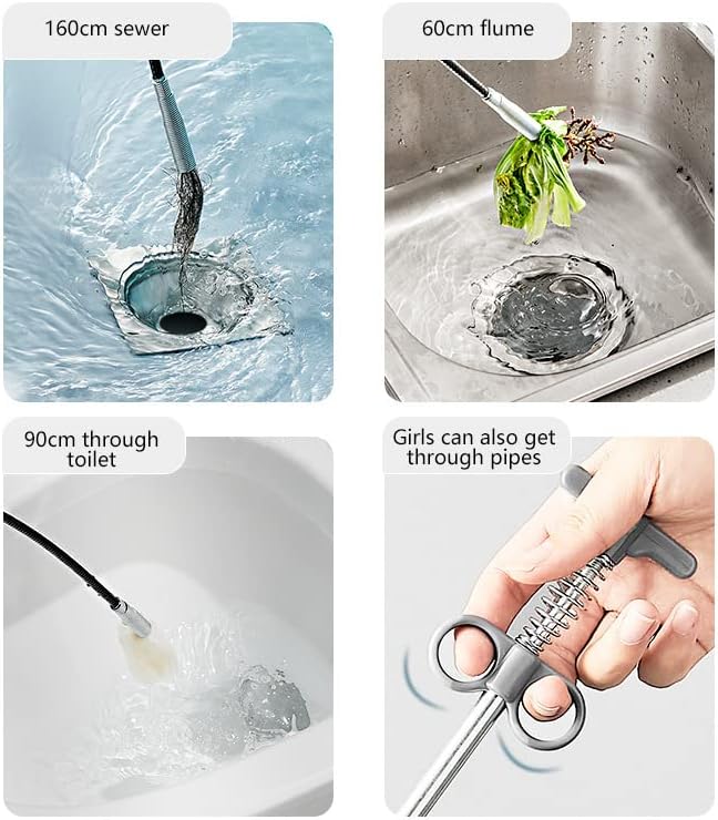 Drain Unblocker Wire Brush Efficient Long Sewer Pipe Unblocker Clear Clogs Quickly and Effectively, Bathroom Universal Flexible Cleaner, 160CM