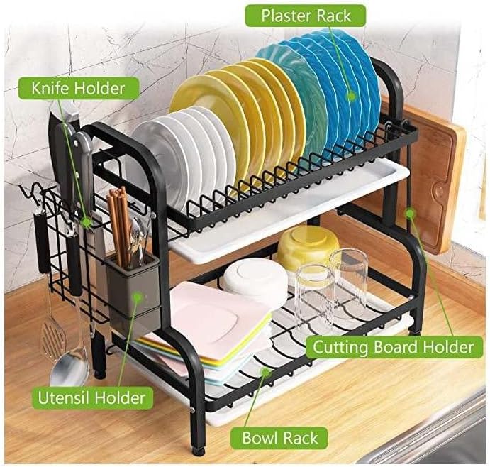 KOKSI Dish Drying Rack, 2-Tier Dish Drainer Storage with Drainboard for Knives, Dishes, Utensils, Glasses - Kitchen Countertop Organiser, Black