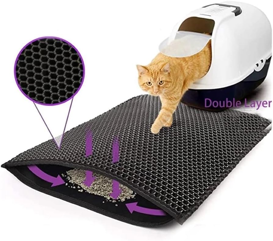 KOKSI Double Layer Cat Litter Mat Non-Slip Washable Pad for Cats Litter Box, Paw Cleaning Waterproof Mats, Soft EVA Material, Black