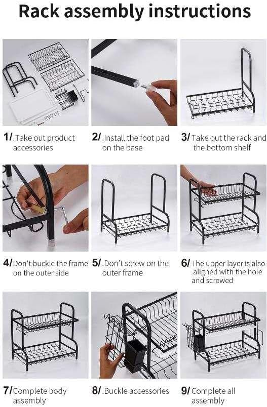 KOKSI Dish Drying Rack, 2-Tier Dish Drainer Storage with Drainboard for Knives, Dishes, Utensils, Glasses - Kitchen Countertop Organiser, Black