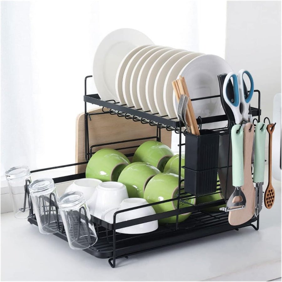 Koksi 2-Tier Dish Drainer Rack - Dishes Drying Storage Rack with Drainboard - Detachable Large Capacity Kitchen Organiser with Utensil Holder