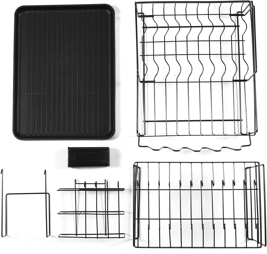 Koksi 2-Tier Dish Drainer Rack - Dishes Drying Storage Rack with Drainboard - Detachable Large Capacity Kitchen Organiser with Utensil Holder