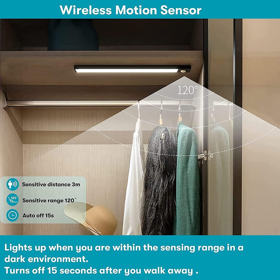 KOKSI Adjustable Brightness Under Cabinet Light No Drill Motion Sensor LED Lighting Wall Lamp USB Rechargeable Battery for Cupboard, Wardrobe, Closet, Kitchen