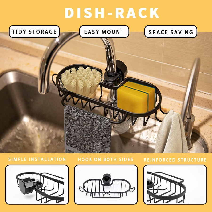 Koksi Sink Caddy Organiser, Kitchen Sink Sponge Holder Aluminum Faucet Rack Tidy Container for Bathroom, Shower, Shelf Basket, Countertop, Black