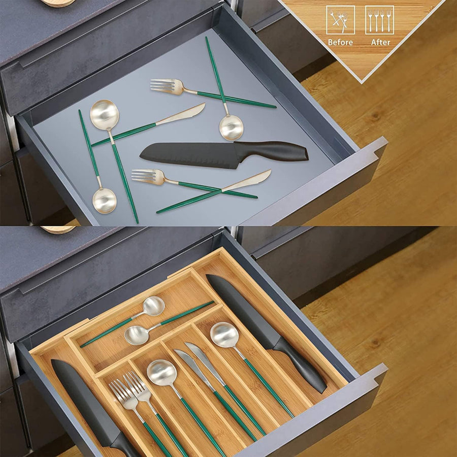 KOKSI Drawer Organiser - Extendable Bamboo Utensil Organiser for Silverware, Flatware, Knives, Kitchen, Natural Wood Cutlery & Knife Holder