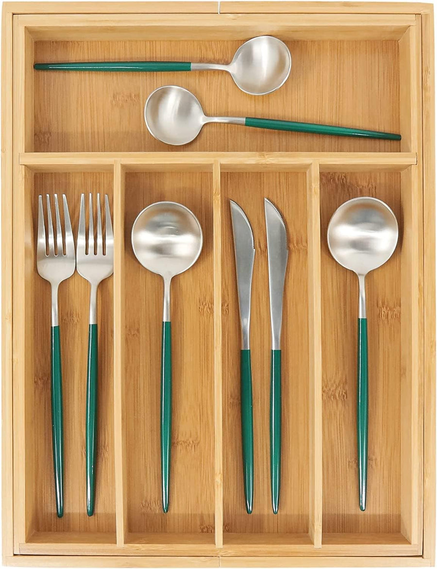 KOKSI Drawer Organiser - Extendable Bamboo Utensil Organiser for Silverware, Flatware, Knives, Kitchen, Natural Wood Cutlery & Knife Holder