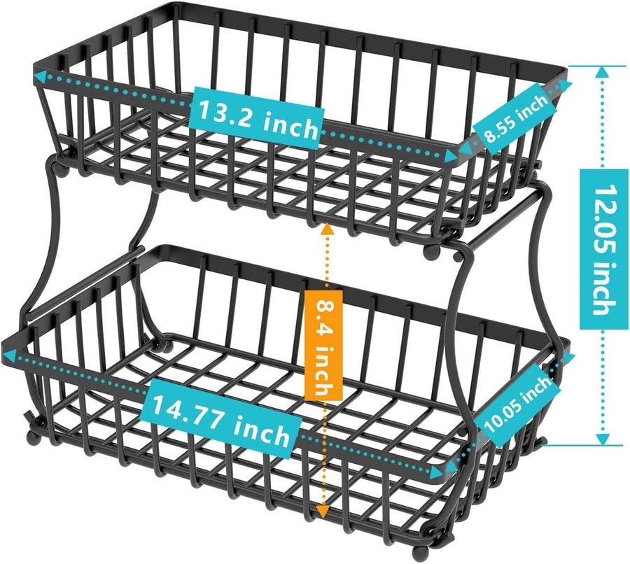 Koksi 2 Tier Fruit Storage Basket Countertop for Kitchen, Bread Vegetable Fruit Basket Bowl Stand Detachable Metal Rectangular Wire Basket, Black