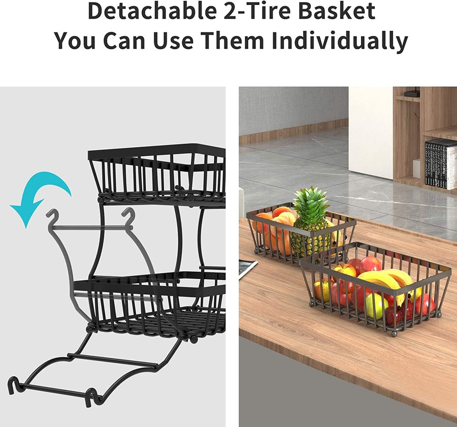 Koksi 2 Tier Fruit Storage Basket Countertop for Kitchen, Bread Vegetable Fruit Basket Bowl Stand Detachable Metal Rectangular Wire Basket, Black