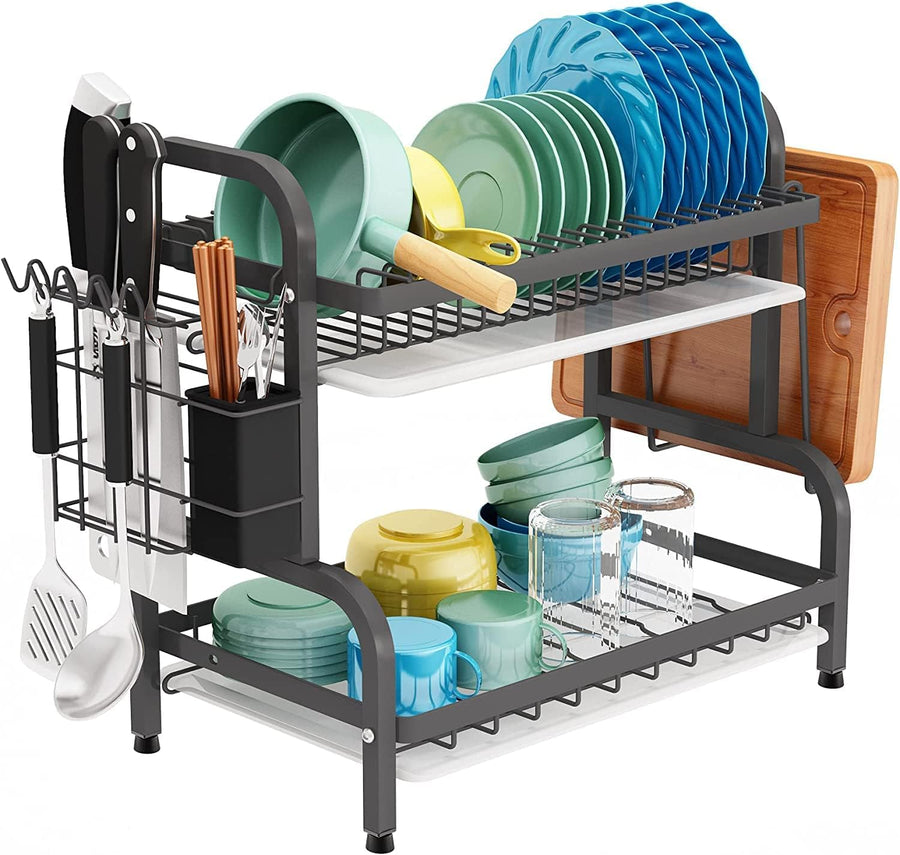 KOKSI Dish Drying Rack, 2-Tier Dish Drainer Storage with Drainboard for Knives, Dishes, Utensils, Glasses - Kitchen Countertop Organiser, Black