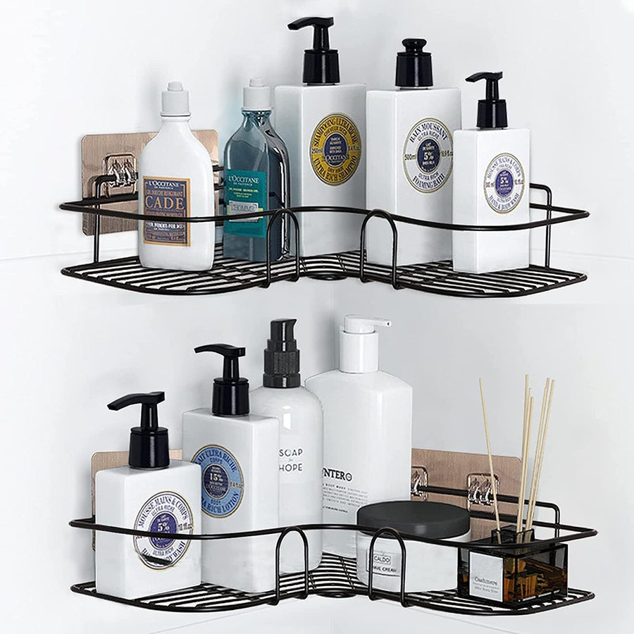 KOKSI Corner Shower Caddy, Stainless Steel Wall Mounted Bathroom Shelf with Adhesive Hooks, Storage Organiser for Toilet, Dorm, Kitchen, Black
