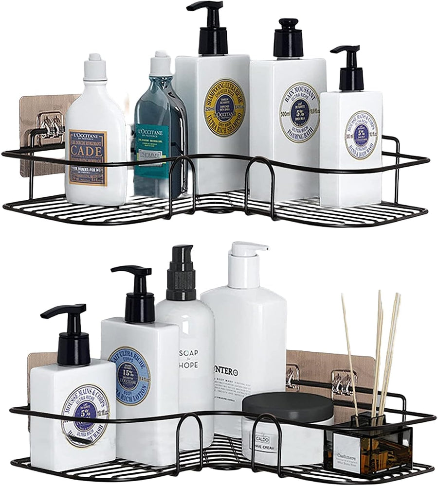 KOKSI Corner Shower Caddy, Stainless Steel Wall Mounted Bathroom Shelf with Adhesive Hooks, Storage Organiser for Toilet, Dorm, Kitchen, Black