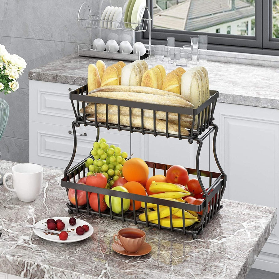 Koksi 2 Tier Fruit Storage Basket Countertop for Kitchen, Bread Vegetable Fruit Basket Bowl Stand Detachable Metal Rectangular Wire Basket, Black