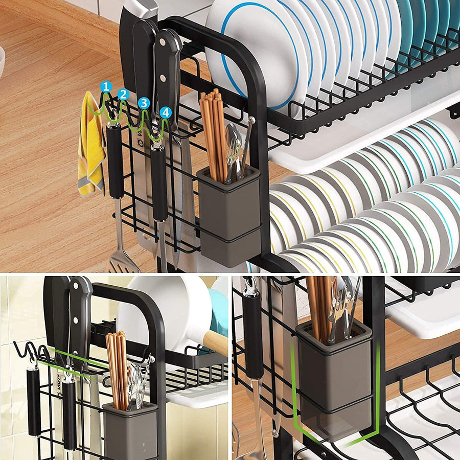 KOKSI Dish Drying Rack, 2-Tier Dish Drainer Storage with Drainboard for Knives, Dishes, Utensils, Glasses - Kitchen Countertop Organiser, Black