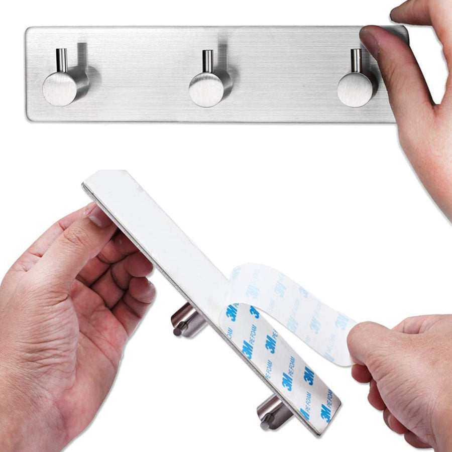 3-Hook Stainless Steel Self-Adhesive Hanger, Use in Kitchens, Bathrooms, Hallways for Coats, Towels, Hats, Robes