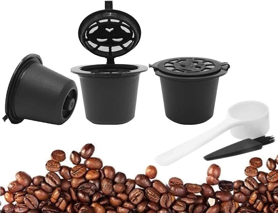 3-Piece Reusable and Refillable Nespresso Coffee Capsule Set with Plastic Spoon and Brush