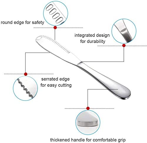 KOKSI Butter Knife, 3 in 1 Stainless Steel Spreader Serrated Edge Shredding Slots Easy to Hold for Bread Butter Cheese Jam Slicer