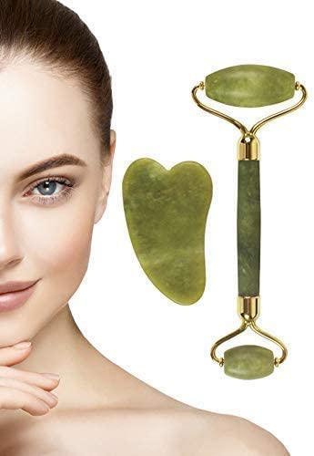 Jade Roller and Gua Sha Board Massager Set for Face Body Anti Ageing Skin Therapy Massage Neck Puffy Eyes Beauty Tool Facial Massaging Natural Stone