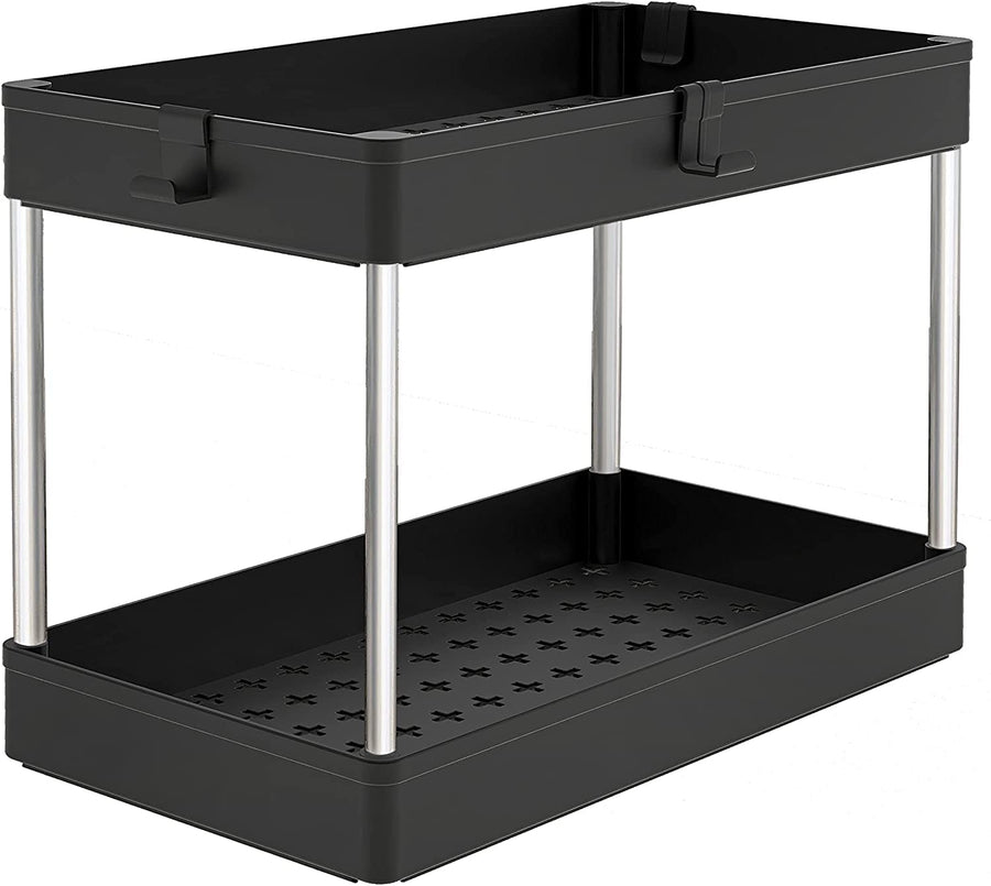 KOKSI 2-Tier Under Sink Organiser with 4 Hooks for Bathroom, Closet, Kitchen Storage, Black