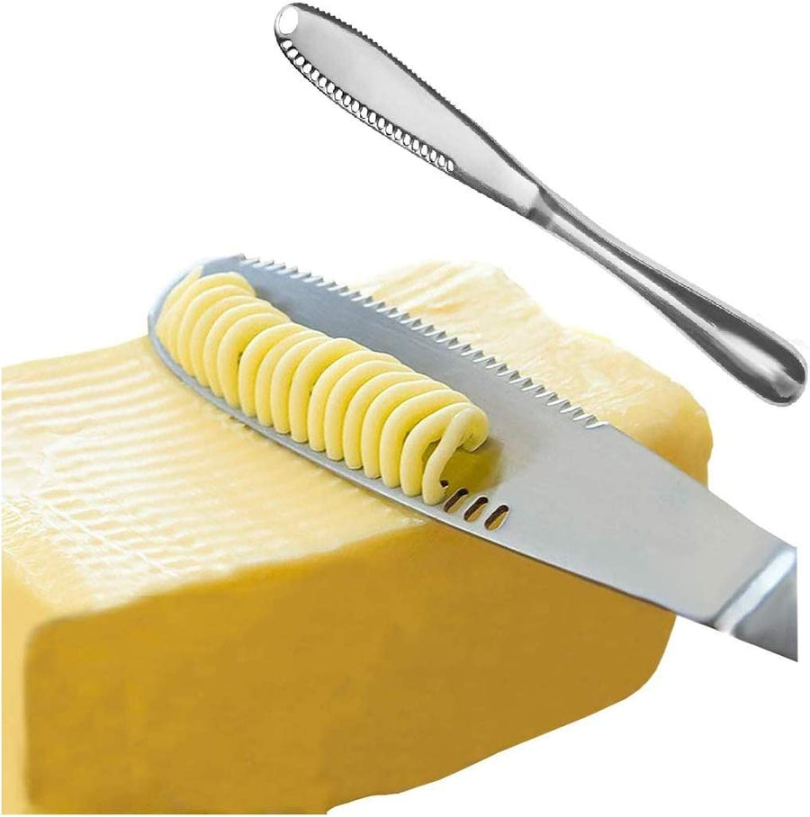 KOKSI Butter Knife, 3 in 1 Stainless Steel Spreader Serrated Edge Shredding Slots Easy to Hold for Bread Butter Cheese Jam Slicer