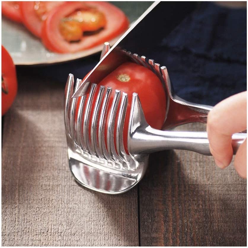 Handheld Tomato Slicer Lemon Cutter Stainless Steel Kitchen Cutting Aid Slicing Holder for Fruits & Vegetables, Kitchen Gadget Tool