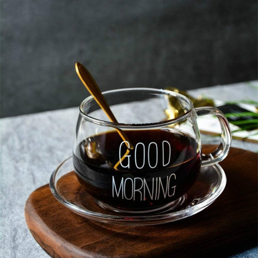 KOKSI Good Morning Coffee Mug, 350 ml Glass for Tea, Breakfast, Juice