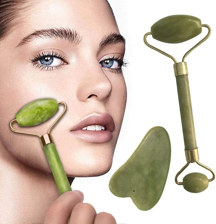 Jade Roller and Gua Sha Board Massager Set for Face Body Anti Ageing Skin Therapy Massage Neck Puffy Eyes Beauty Tool Facial Massaging Natural Stone