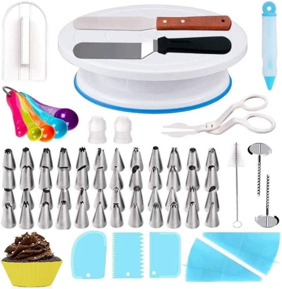 69-Piece Professional Cake Decorating Set with Turntable, Spatulas, Piping Bags, Nozzles, Icing Smoother, Measuring Spoons, Brush Cleaner and More