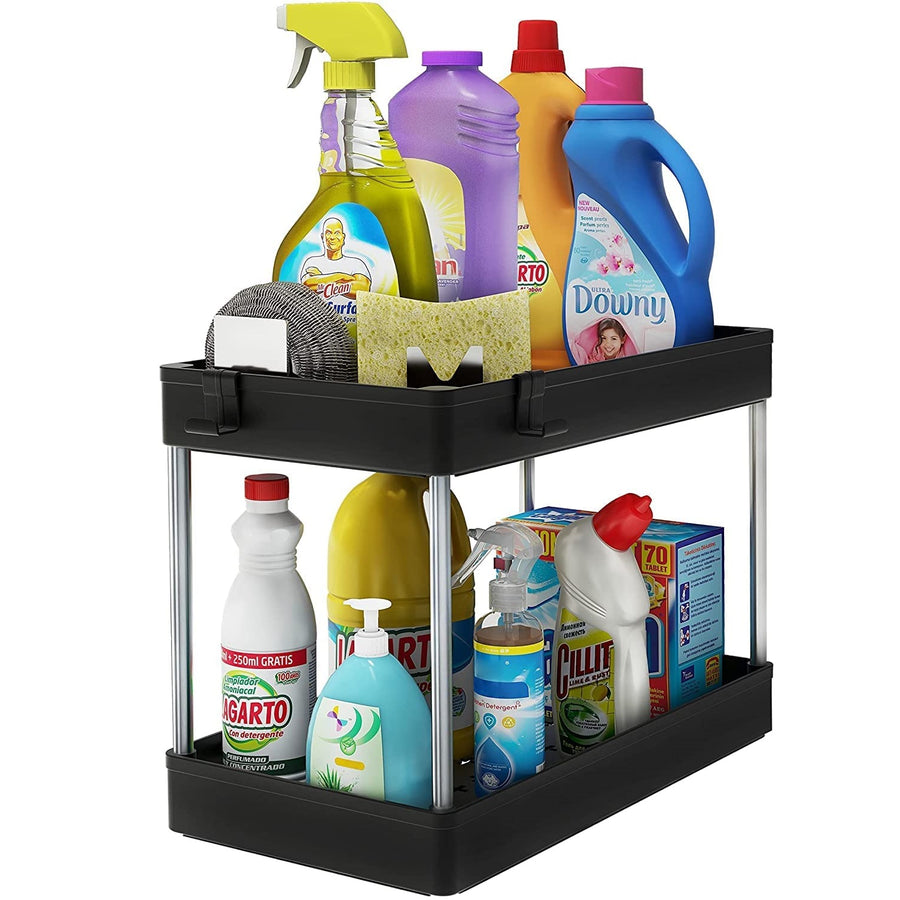 KOKSI 2-Tier Under Sink Organiser with 4 Hooks for Bathroom, Closet, Kitchen Storage, Black