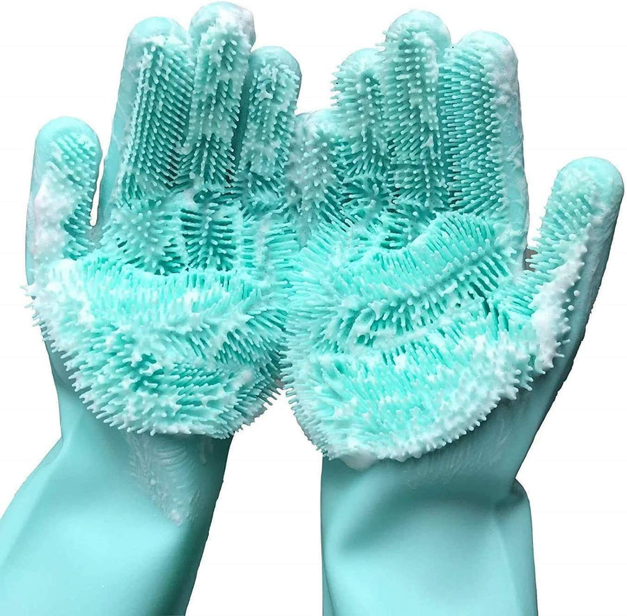 Dishwashing Cleaning Sponge Gloves Reusable Silicone Brush Scrubber Gloves Heat Resistant for Kitchen Bathroom Cleaning Pet Hair Care Car Washing