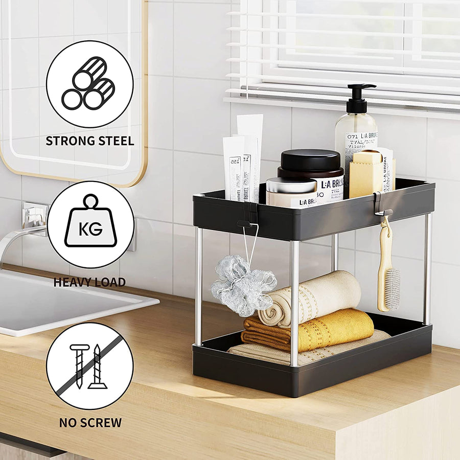 KOKSI 2-Tier Under Sink Organiser with 4 Hooks for Bathroom, Closet, Kitchen Storage, Black