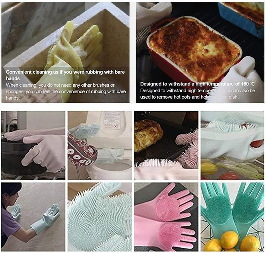 Dishwashing Cleaning Sponge Gloves Reusable Silicone Brush Scrubber Gloves Heat Resistant for Kitchen Bathroom Cleaning Pet Hair Care Car Washing