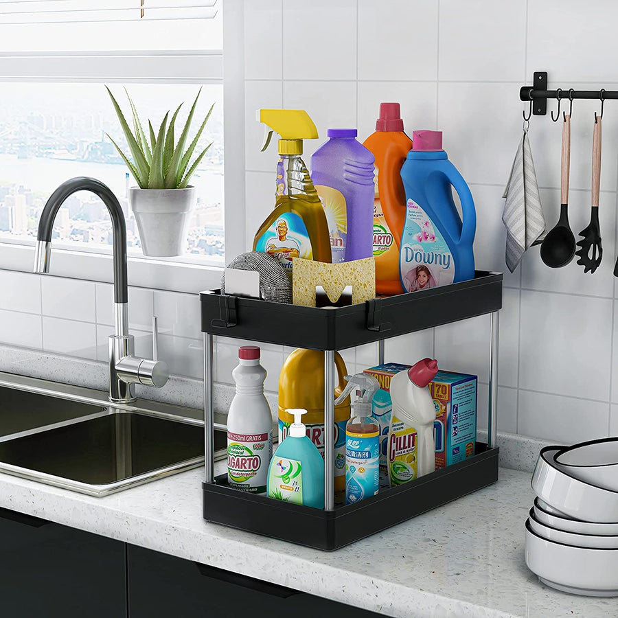 KOKSI 2-Tier Under Sink Organiser with 4 Hooks for Bathroom, Closet, Kitchen Storage, Black