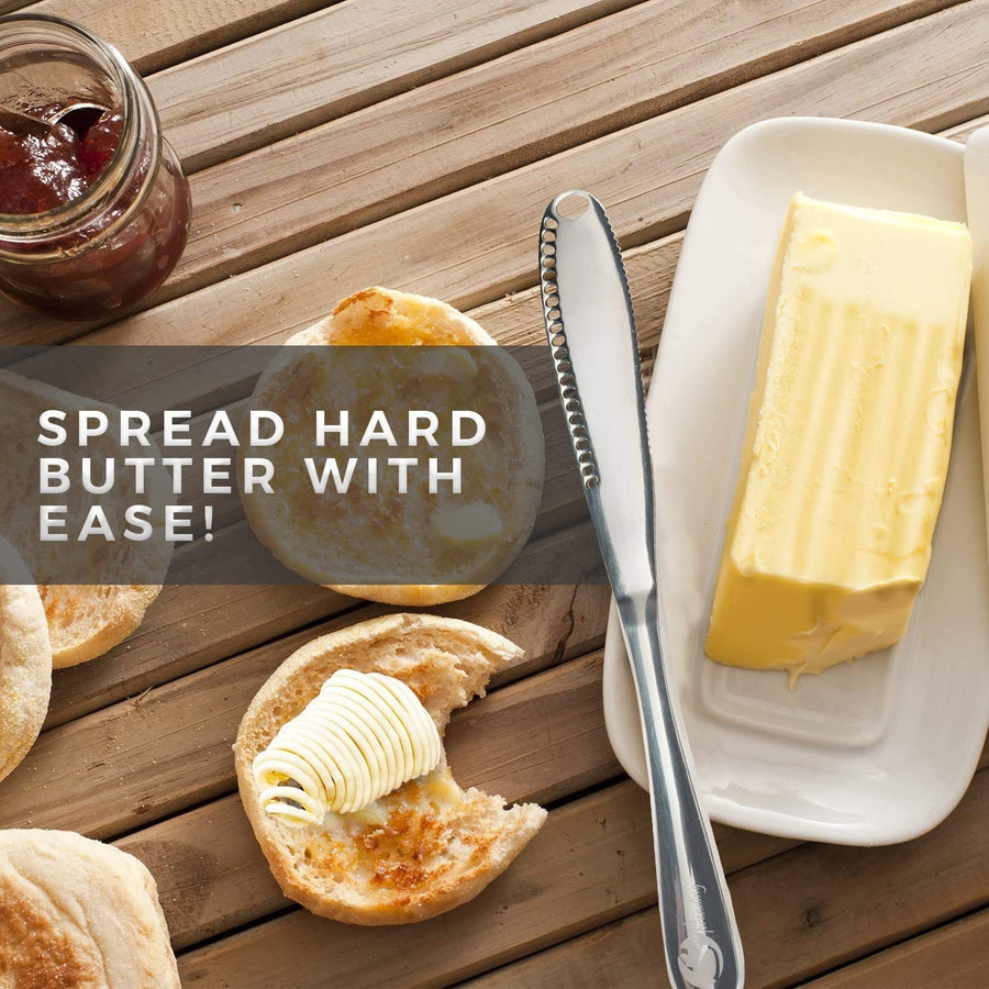 KOKSI Butter Knife, 3 in 1 Stainless Steel Spreader Serrated Edge Shredding Slots Easy to Hold for Bread Butter Cheese Jam Slicer